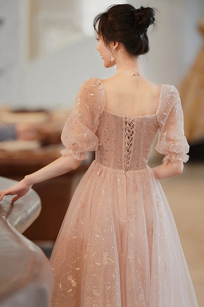 Pink Tulle Short Homecoming Dress, Cute Short Sleeve Party Dress