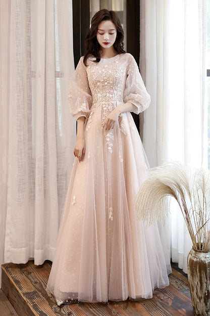 Pink Tulle Lace Long Sleeve Prom Dress, Lovely A-Line Party Dress