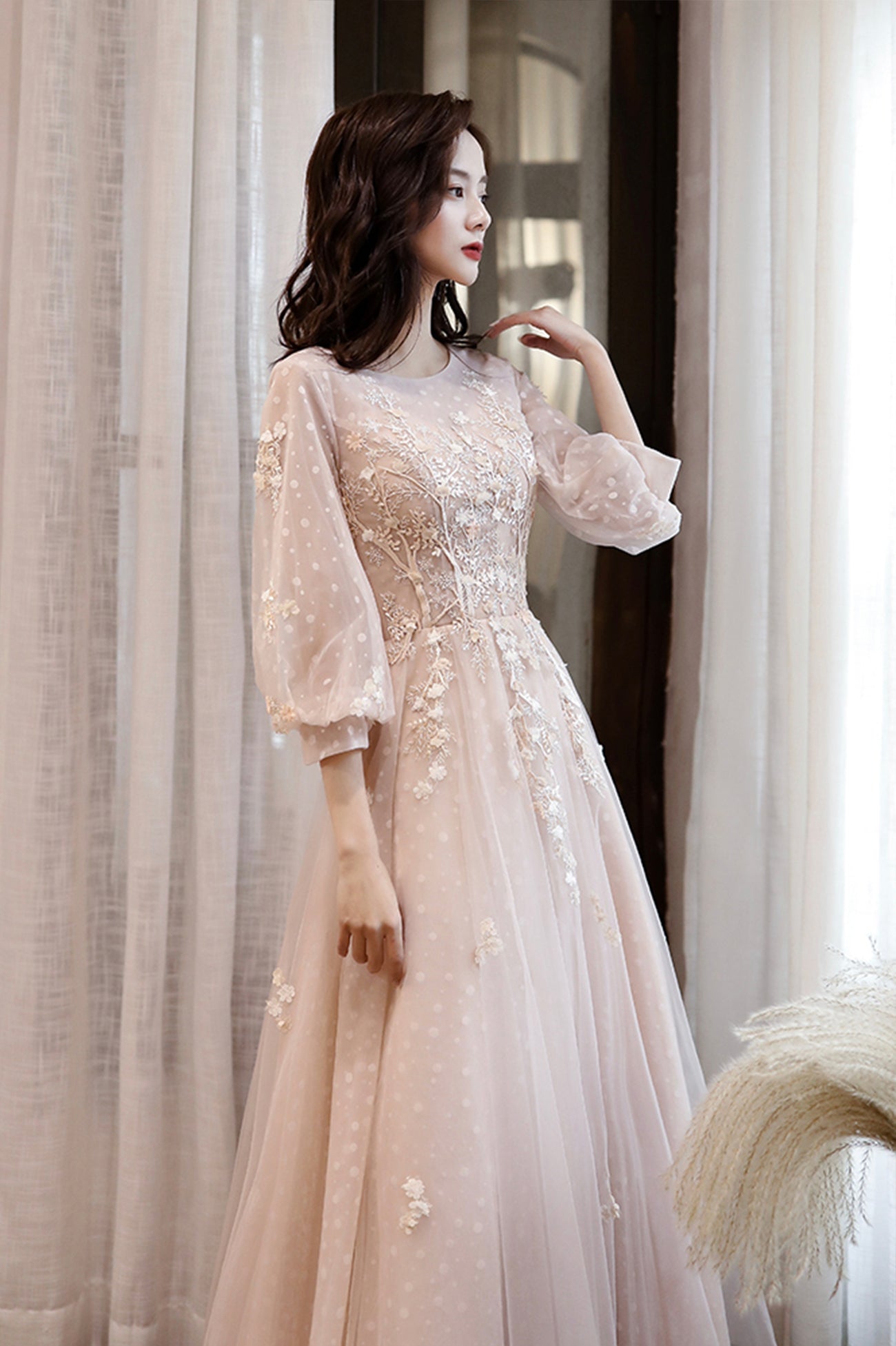 Pink Tulle Lace Long Sleeve Prom Dress, Lovely A-Line Party Dress