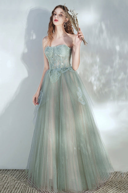 Green Tulle Lace Long A-Line Prom Dress, Cute Strapless Evening Party Dress