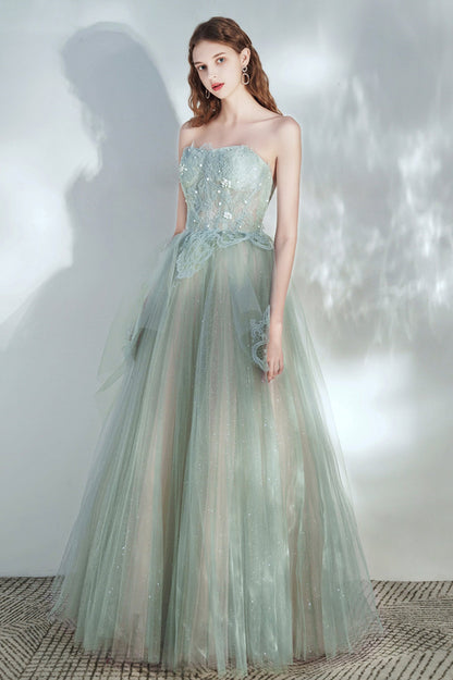 Green Tulle Lace Long A-Line Prom Dress, Cute Strapless Evening Party Dress