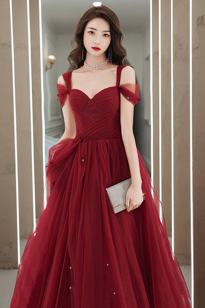 Burgundy Tulle Long A-Line Prom Dress, Burgundy Evening Party Dress