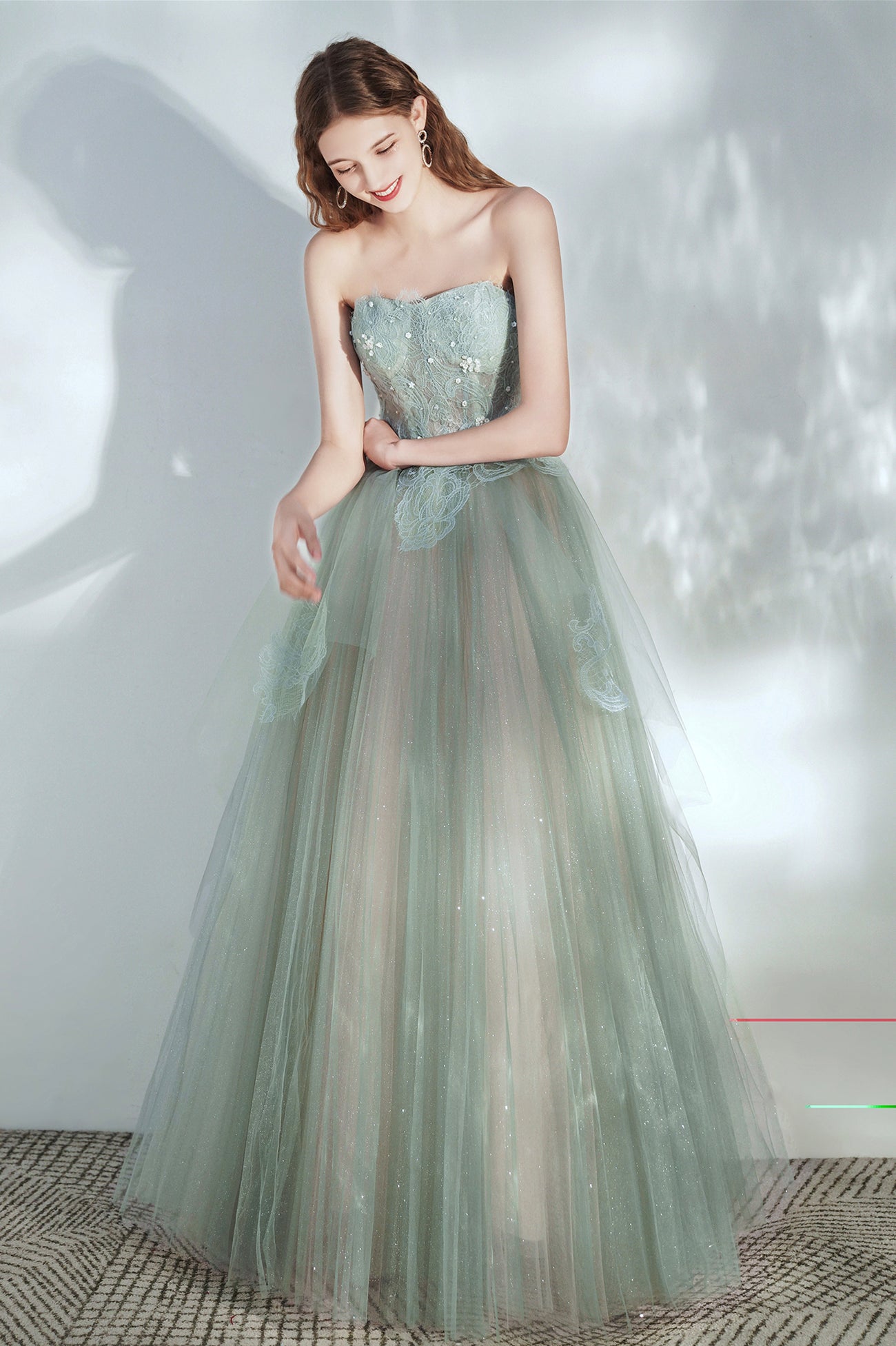 Green Tulle Lace Long A-Line Prom Dress, Cute Strapless Evening Party Dress