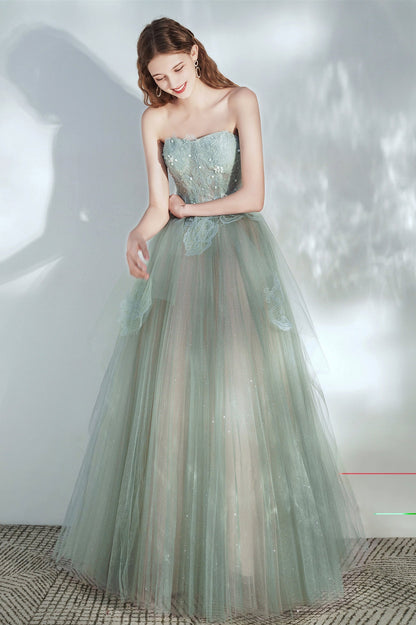 Green Tulle Lace Long A-Line Prom Dress, Cute Strapless Evening Party Dress
