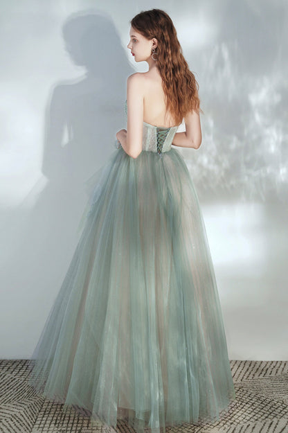 Green Tulle Lace Long A-Line Prom Dress, Cute Strapless Evening Party Dress