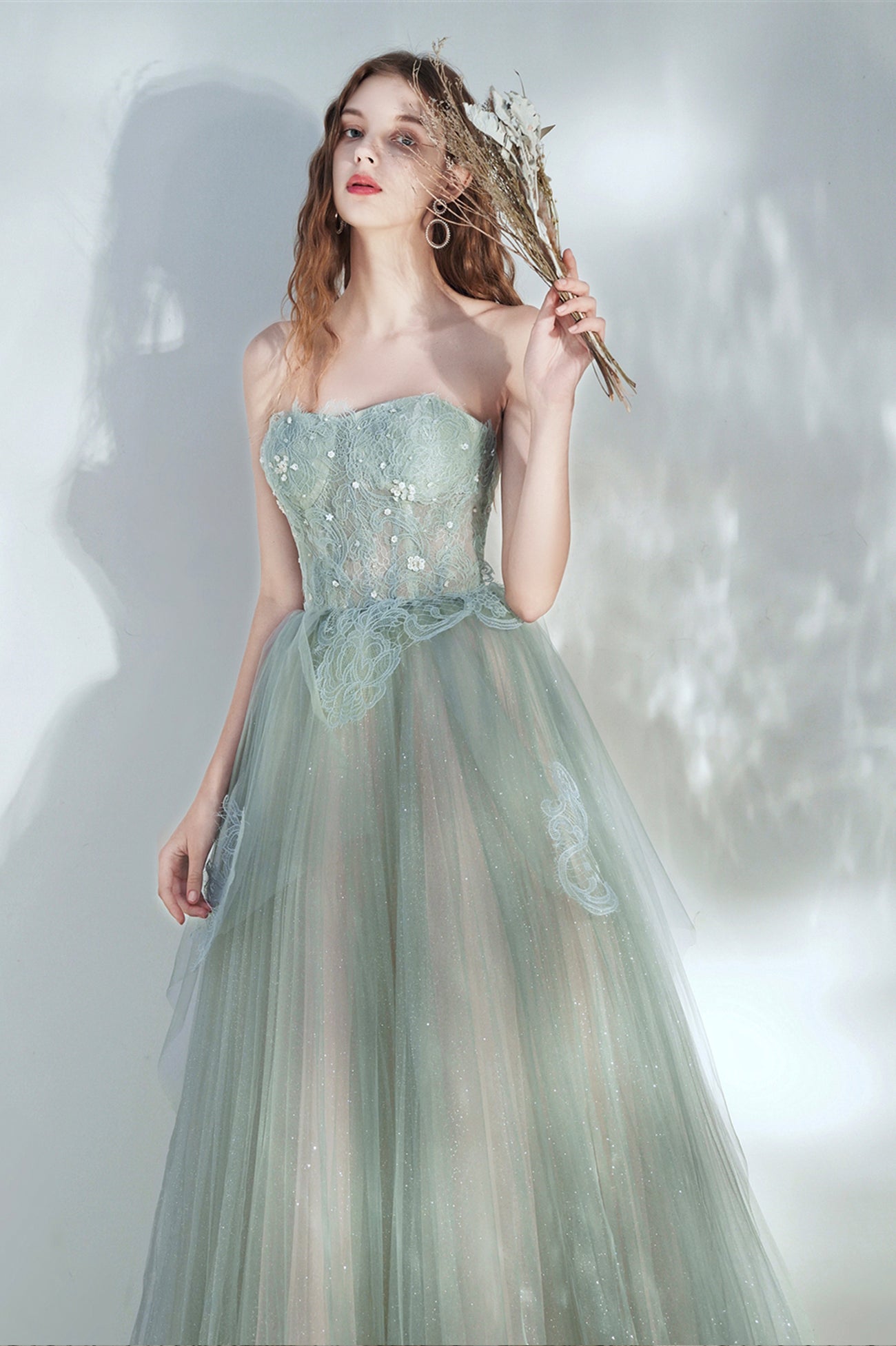 Green Tulle Lace Long A-Line Prom Dress, Cute Strapless Evening Party Dress