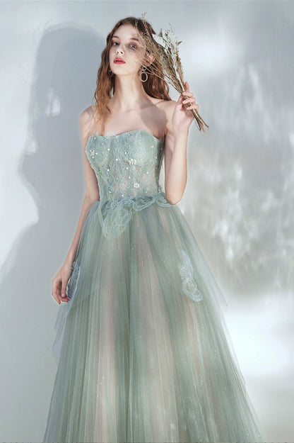 Green Tulle Lace Long A-Line Prom Dress, Cute Strapless Evening Party Dress
