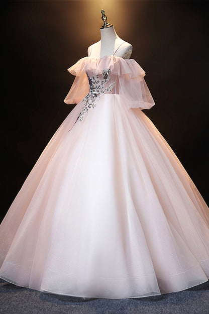 A-Line Pink Spaghetti Straps Long Prom Dress, Pink Lace Formal Evening Dress