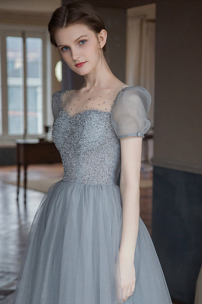 Gray A-Line Tulle Long Prom Dress with Beaded, Gray Evening Party Dress