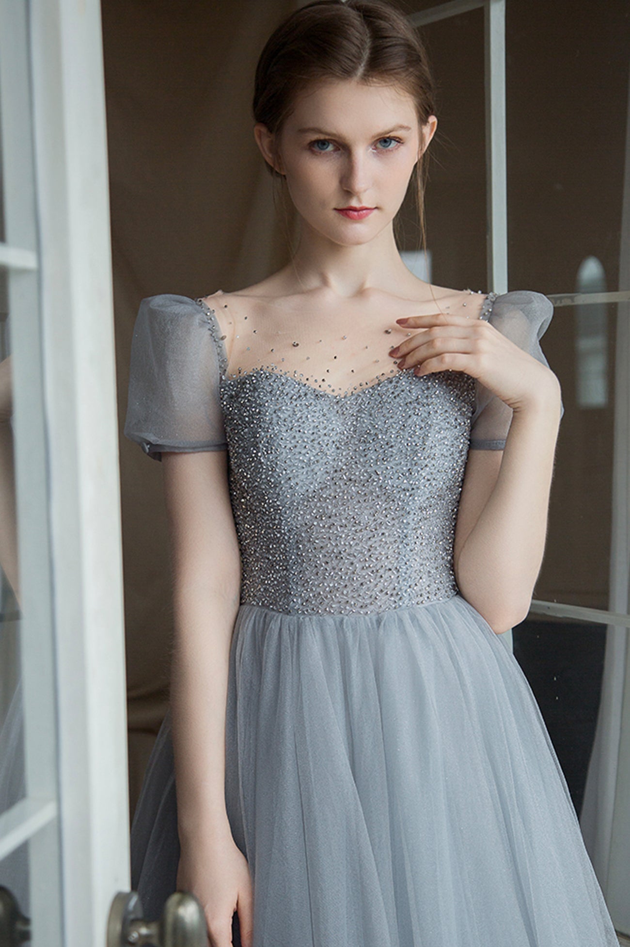 Gray A-Line Tulle Long Prom Dress with Beaded, Gray Evening Party Dress