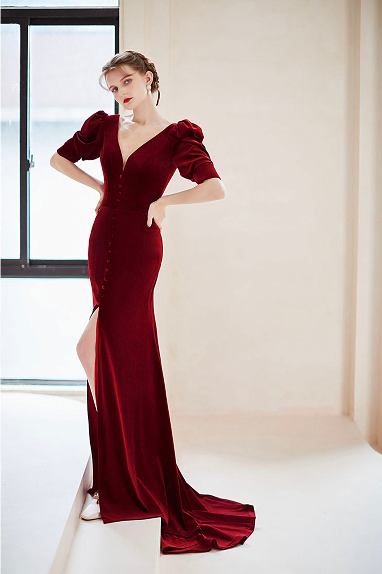 Burgundy Velvet Long Mermaid Prom Dress, Short Sleeve Evening Dress with Slit