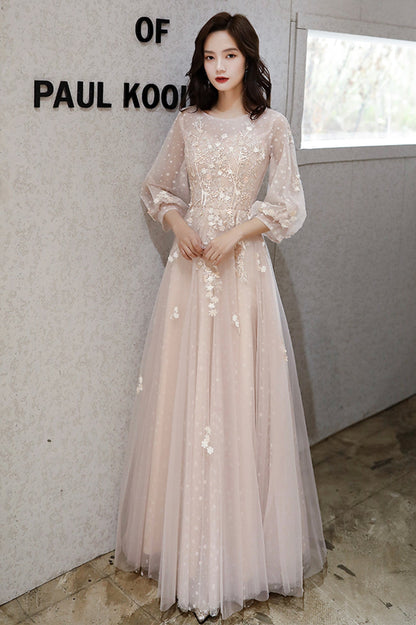 Pink Tulle Lace Long Sleeve Prom Dress, Lovely A-Line Party Dress