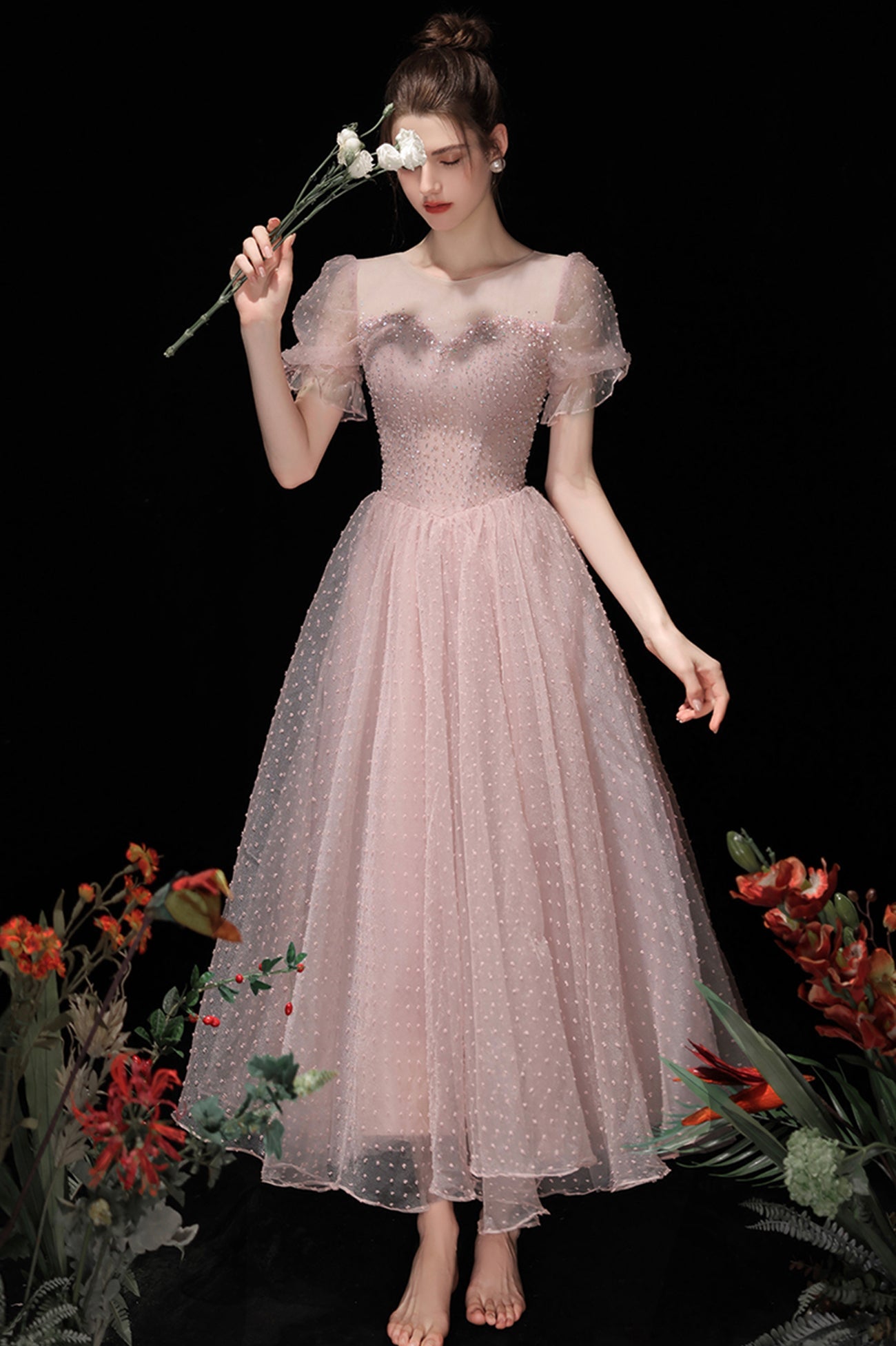 Pink Tulle Short A-Line Prom Dress, Cute Scoop Neckline Homecoming Party Dress