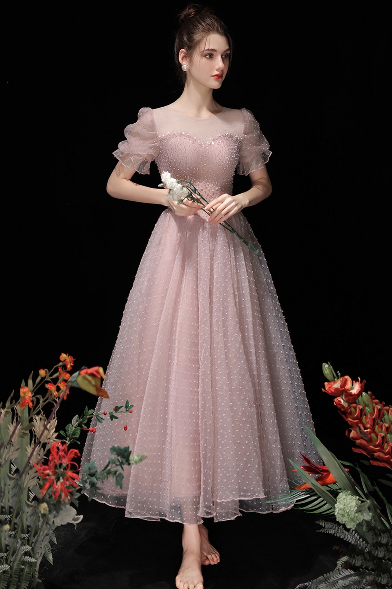 Pink Tulle Short A-Line Prom Dress, Cute Scoop Neckline Homecoming Party Dress