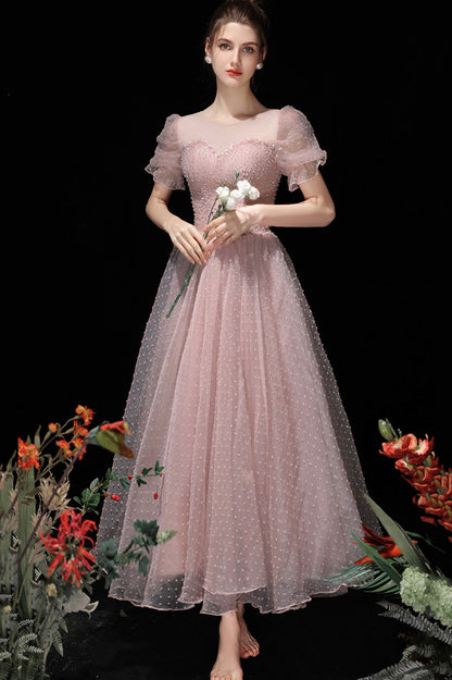 Pink Tulle Short A-Line Prom Dress, Cute Scoop Neckline Homecoming Party Dress