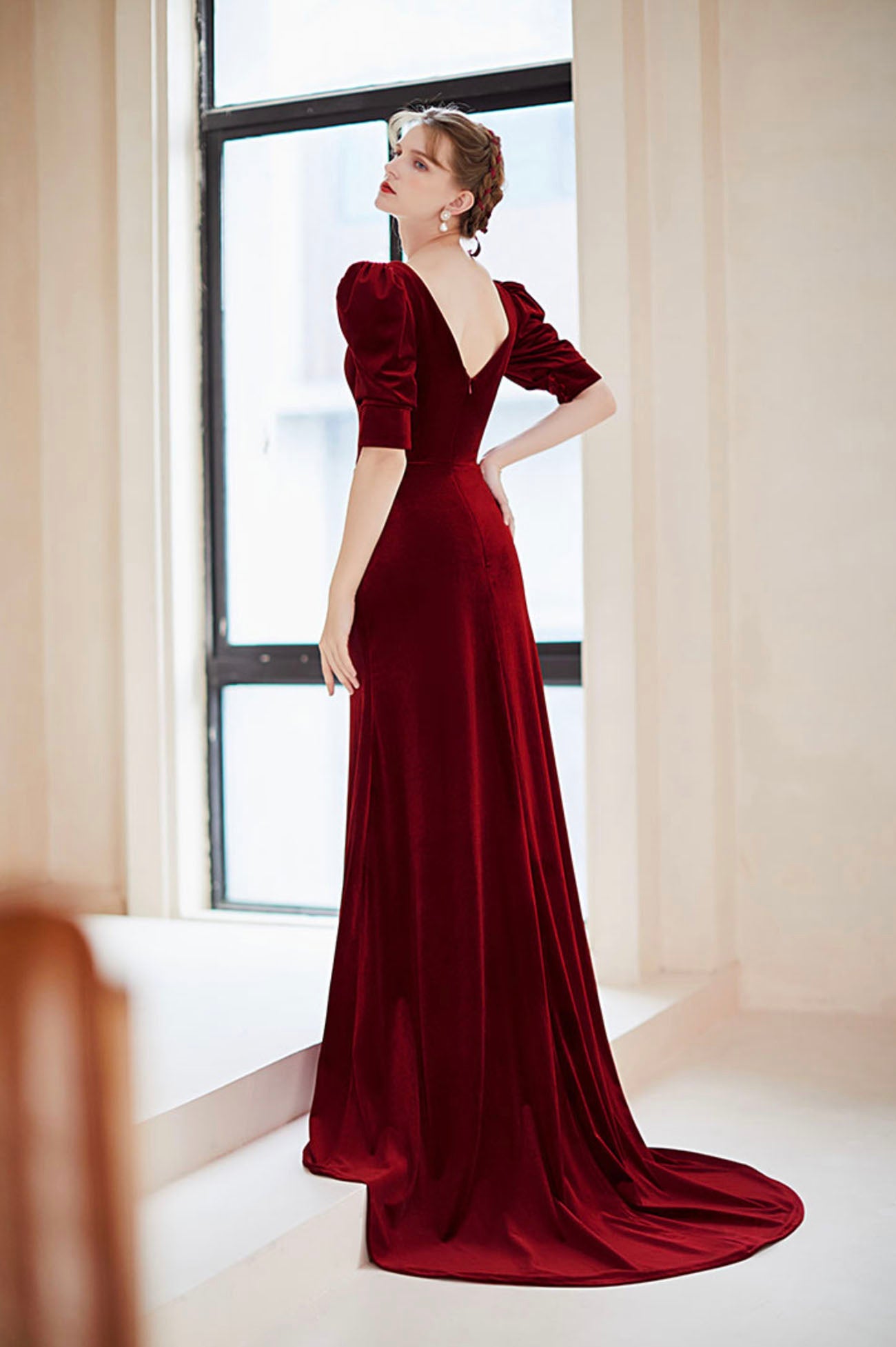 Burgundy Velvet Long Mermaid Prom Dress, Short Sleeve Evening Dress with Slit