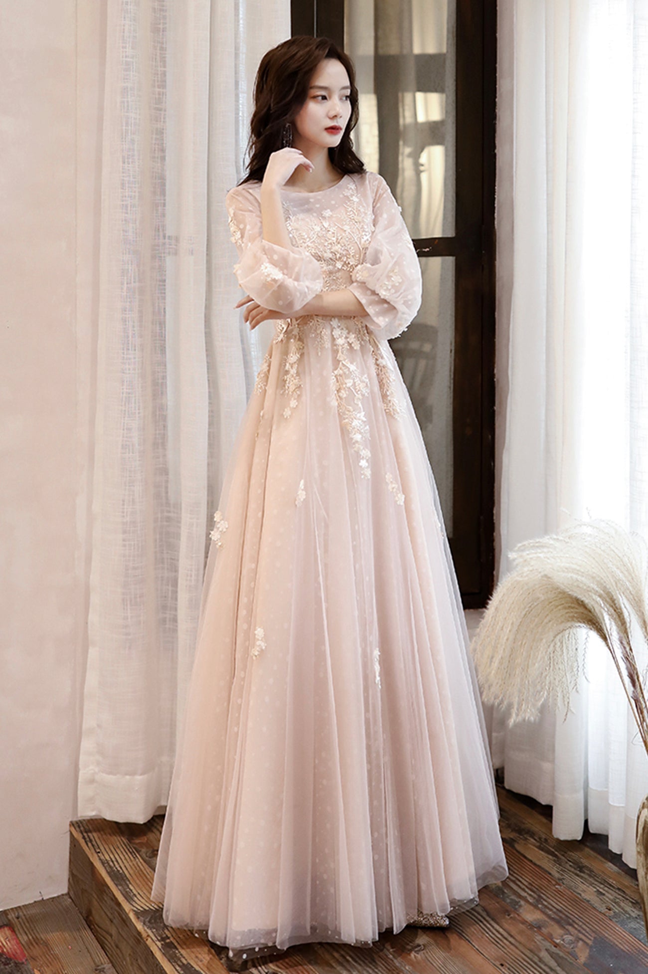 Pink Tulle Lace Long Sleeve Prom Dress, Lovely A-Line Party Dress