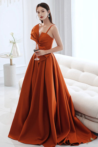 Orange Satin Long A-Line Prom Dress, Chic Evening Dress with Bow