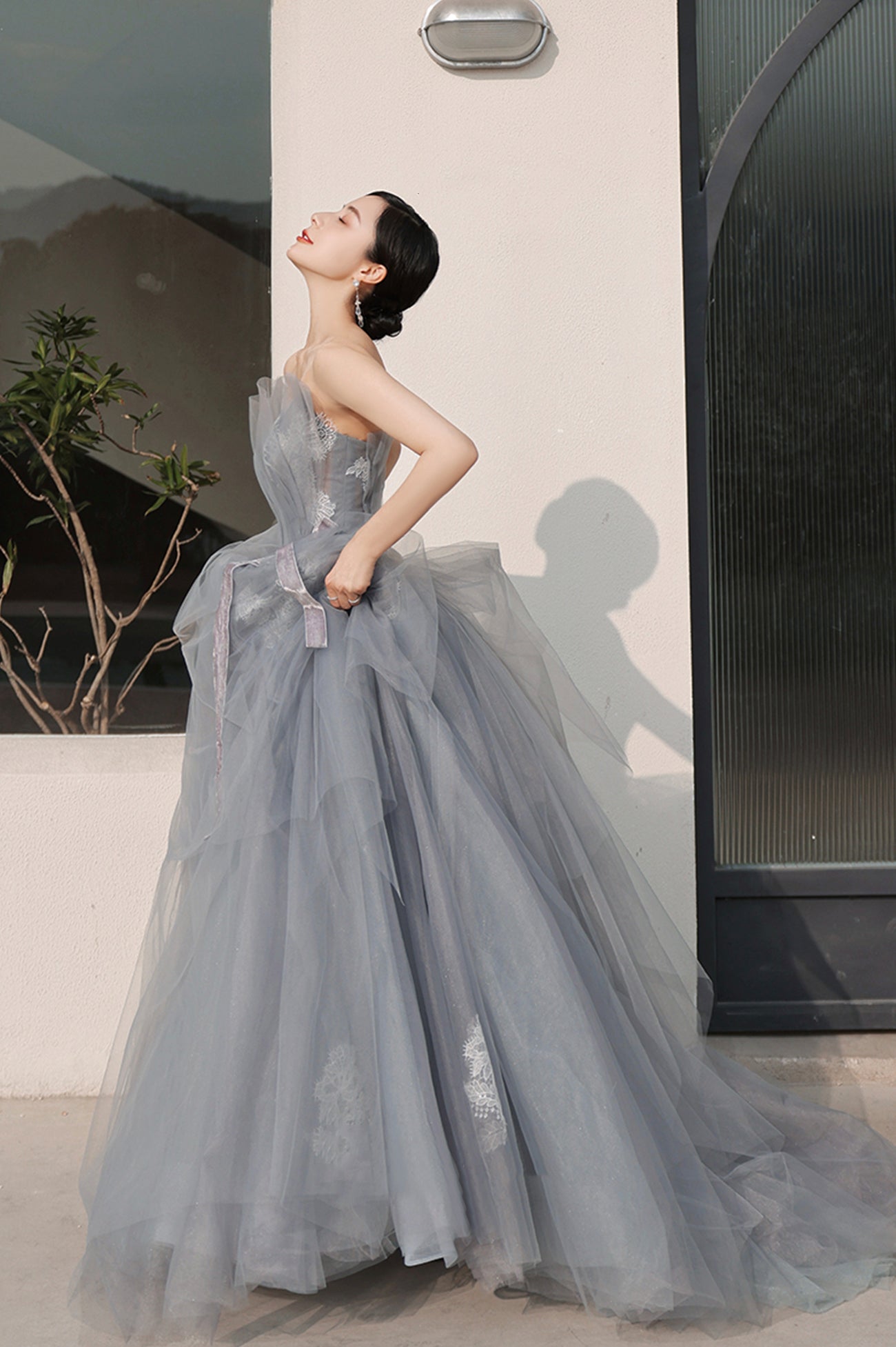 Gray Tulle Lace Long Prom Dress, A-Line Strapless Evening Party Dress