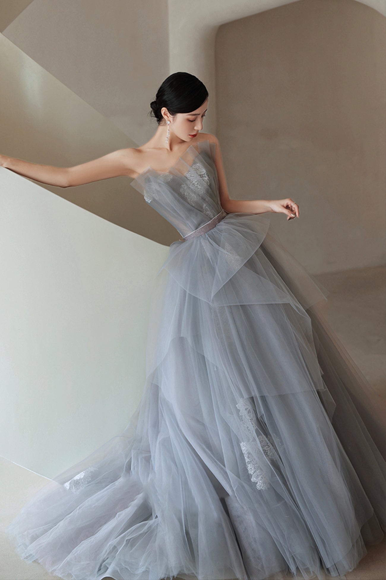Gray Tulle Lace Long Prom Dress, A-Line Strapless Evening Party Dress