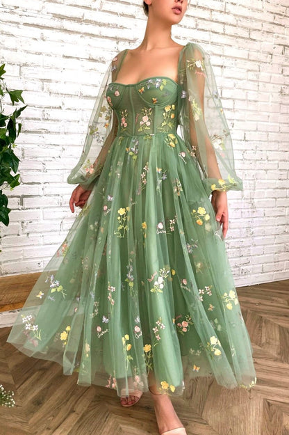 Green Tulle Lace Short Prom Dress, Cute Long Sleeve Homecoming Party Dress