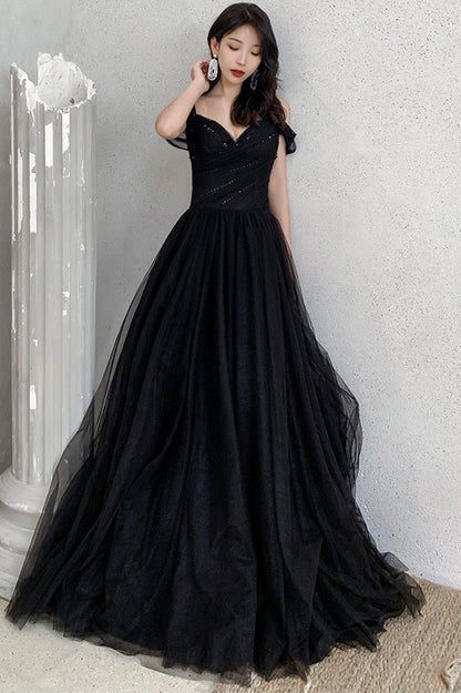 Black V-Neck Tulle Long Prom Dress, Off the Shoulder Evening Dress