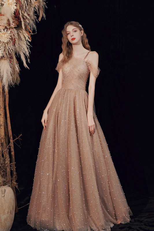 A-Line Tulle Pearl Long Prom Dress, One Shoulder Evening Graduation Dress