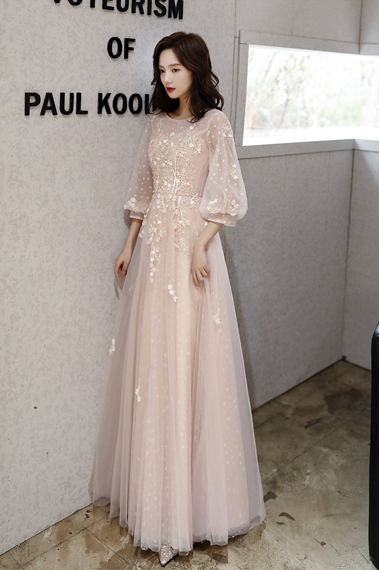 Pink Tulle Lace Long Sleeve Prom Dress, Lovely A-Line Party Dress