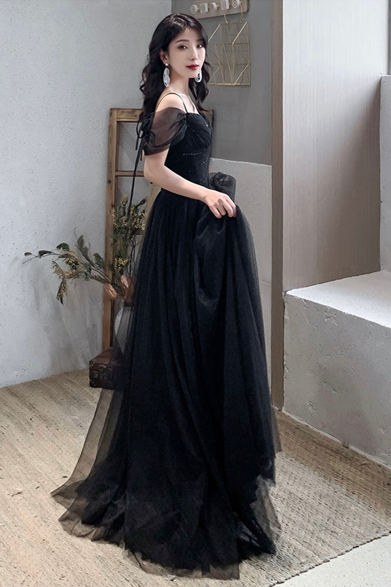 Black V-Neck Tulle Long Prom Dress, Off the Shoulder Evening Dress