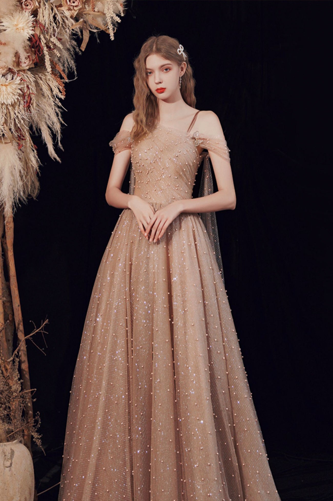 A-Line Tulle Pearl Long Prom Dress, One Shoulder Evening Graduation Dress