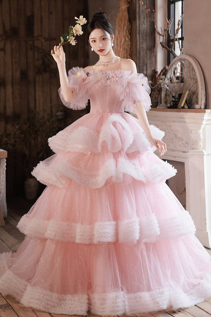 Pink Tulle Long A-Line Prom Gown, Off the Shoulder Sweet 16 Dress