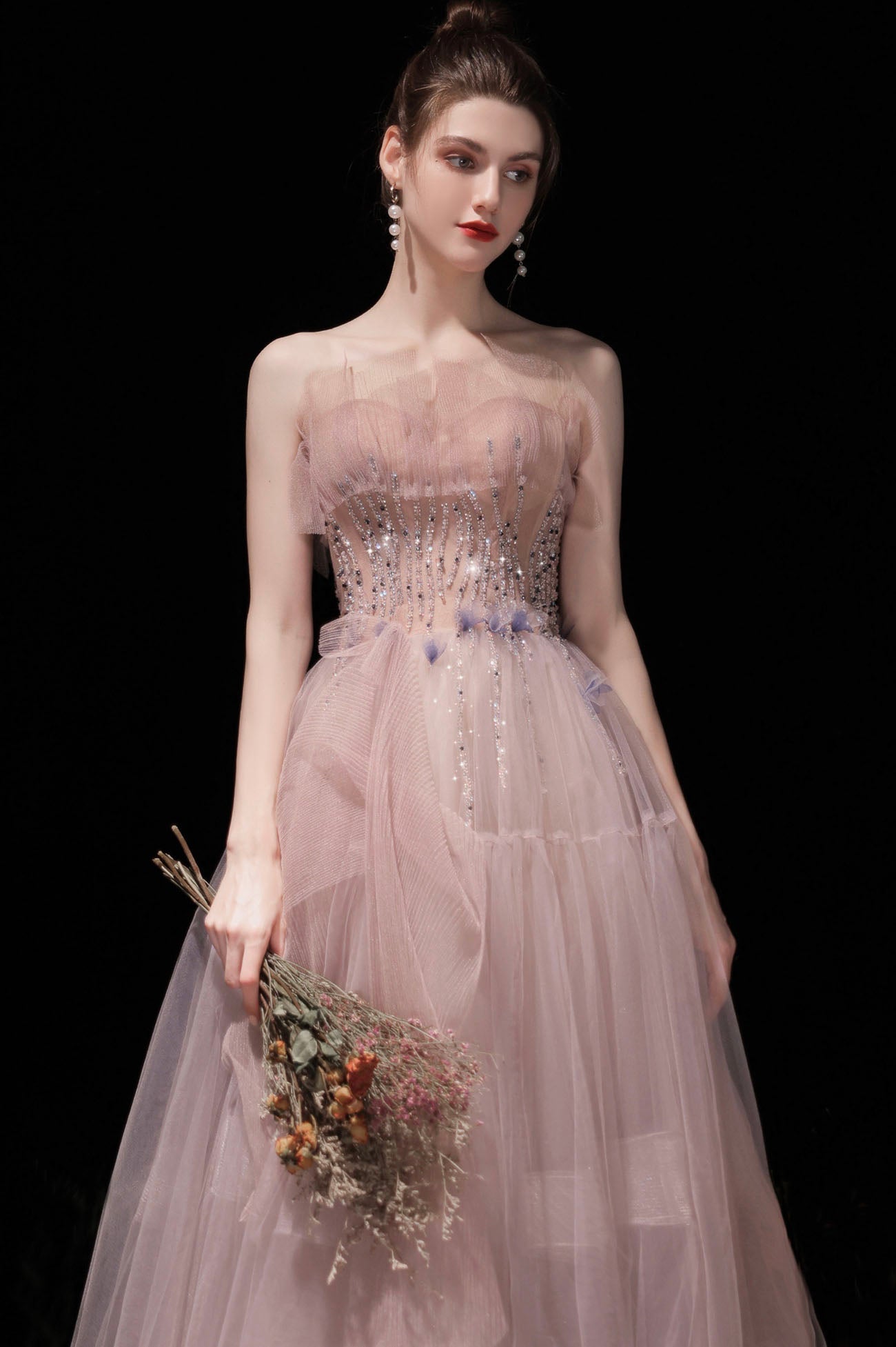Pink Strapless Tulle Long Prom Dress with Beaded, Lovely Evening Party Dress