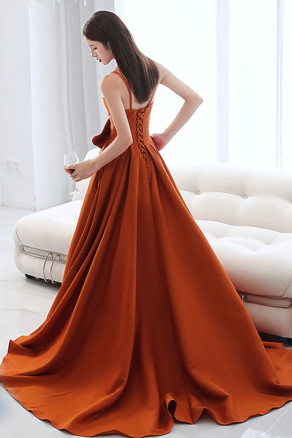 Orange Satin Long A-Line Prom Dress, Chic Evening Dress with Bow