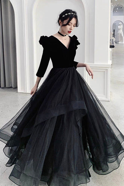 Black V-neck Velvet Tulle Long Prom Dress, Long Sleeve Party Dress