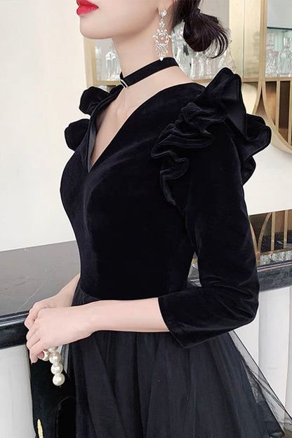 Black V-neck Velvet Tulle Long Prom Dress, Long Sleeve Party Dress
