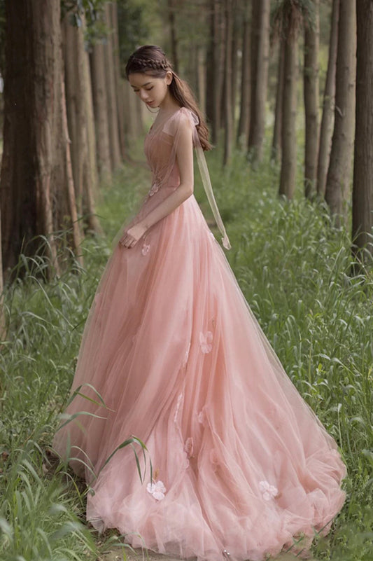 Pink A-Line Tulle Floor Length Prom Dress, Beautiful Evening Graduation Dress