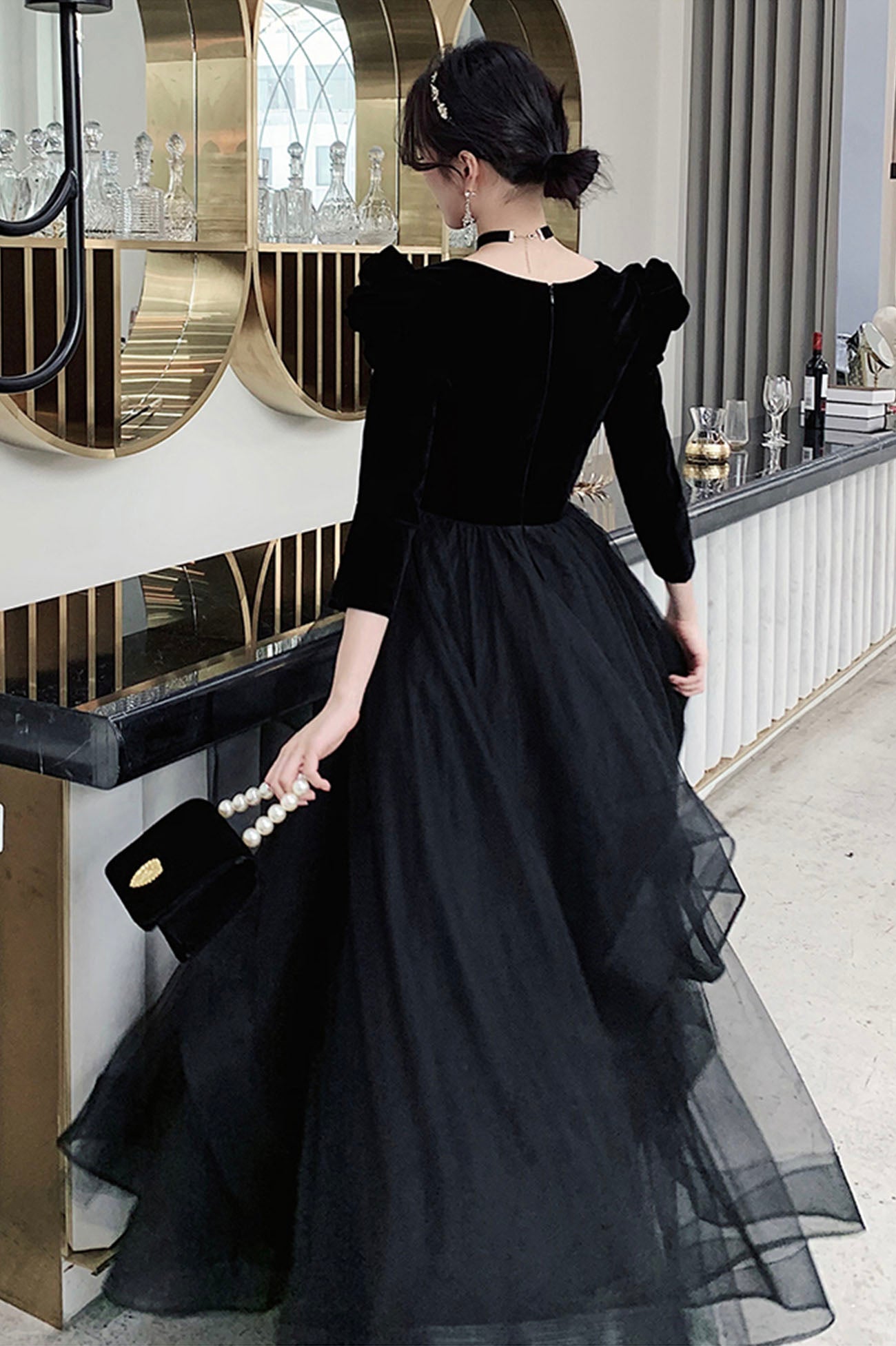 Black V-neck Velvet Tulle Long Prom Dress, Long Sleeve Party Dress