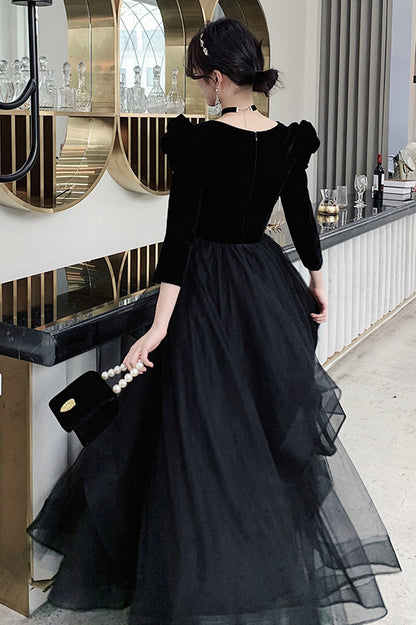 Black V-neck Velvet Tulle Long Prom Dress, Long Sleeve Party Dress