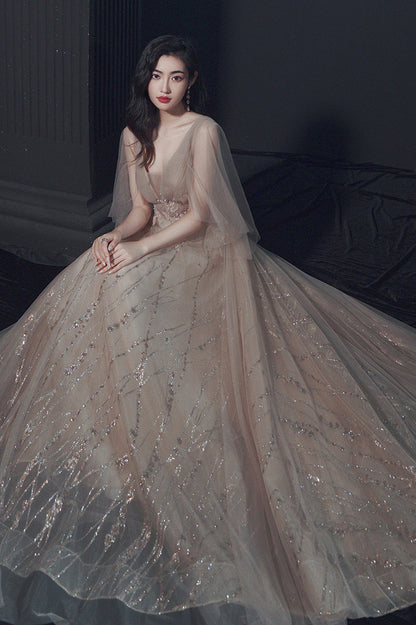 Champagne Tulle Sequins Long Prom Dress, V-Neck Evening Party Dress