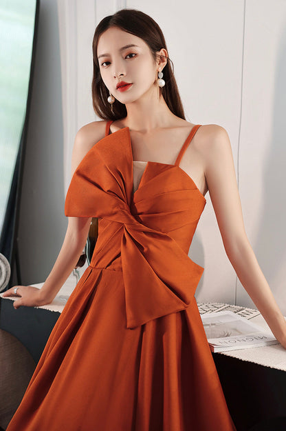 Orange Satin Long A-Line Prom Dress, Chic Evening Dress with Bow