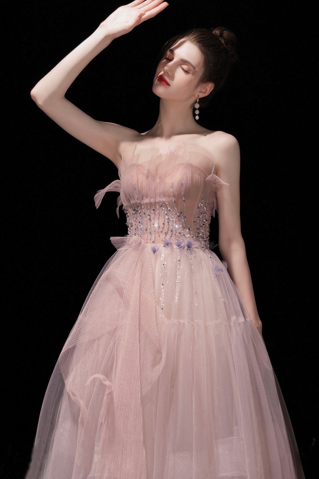 Pink Strapless Tulle Long Prom Dress with Beaded, Lovely Evening Party Dress