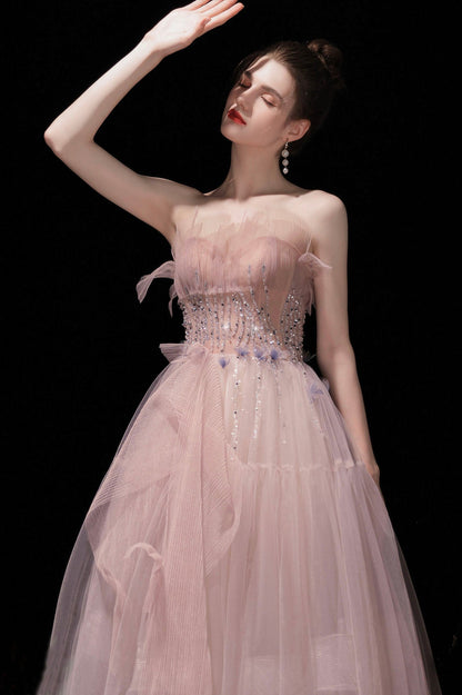 Pink Strapless Tulle Long Prom Dress with Beaded, Lovely Evening Party Dress