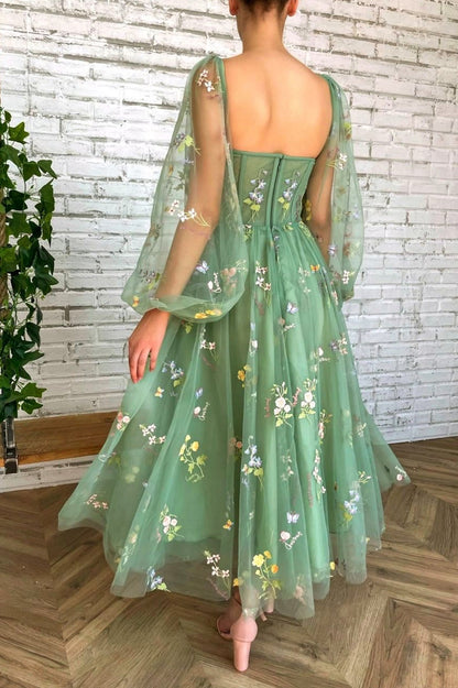 Green Tulle Lace Short Prom Dress, Cute Long Sleeve Homecoming Party Dress