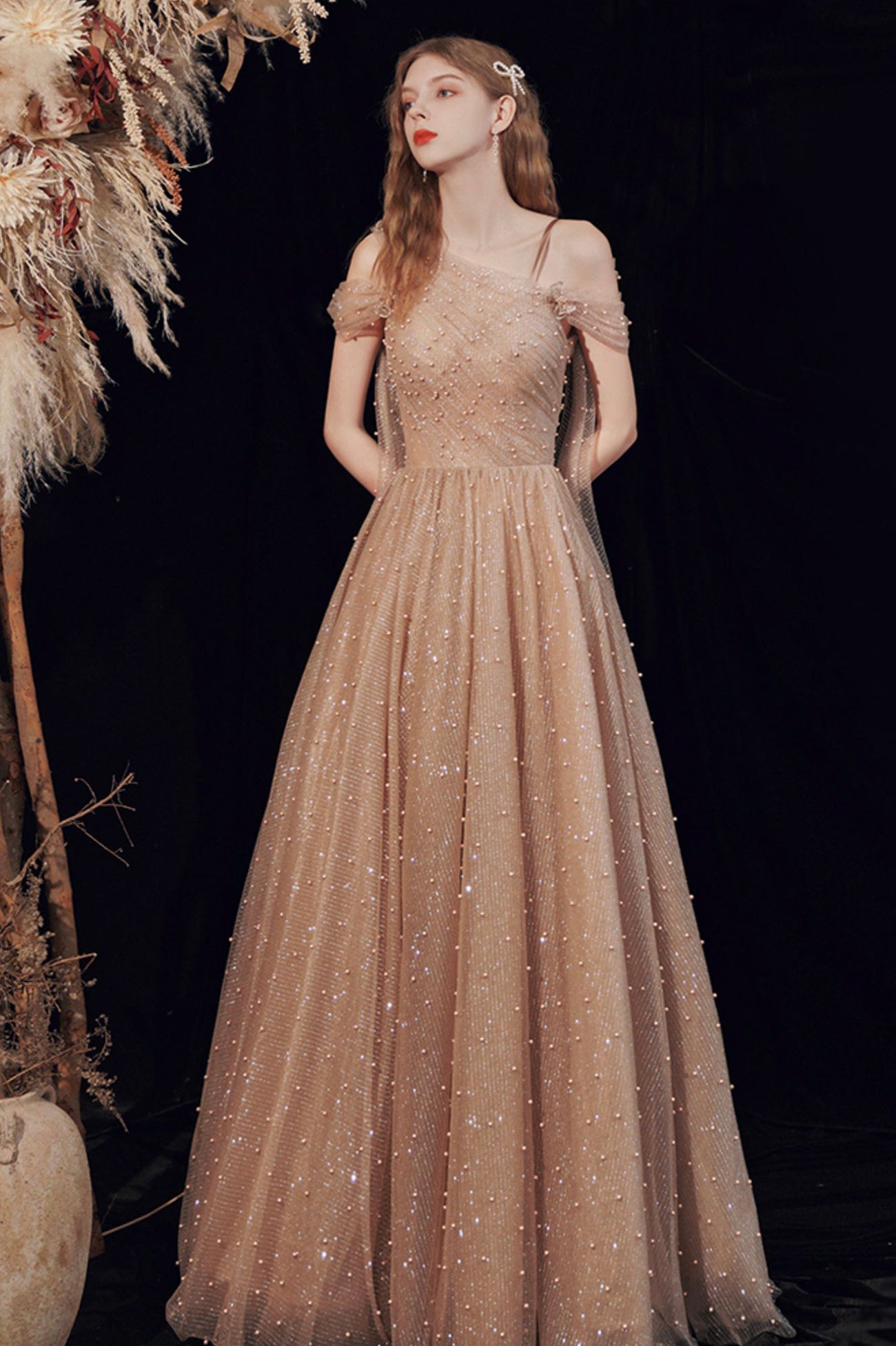 A-Line Tulle Pearl Long Prom Dress, One Shoulder Evening Graduation Dress