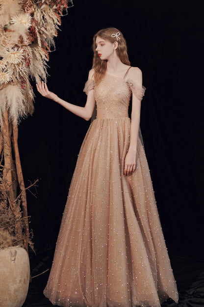 A-Line Tulle Pearl Long Prom Dress, One Shoulder Evening Graduation Dress