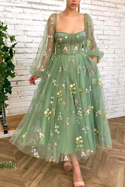 Green Tulle Lace Short Prom Dress, Cute Long Sleeve Homecoming Party Dress