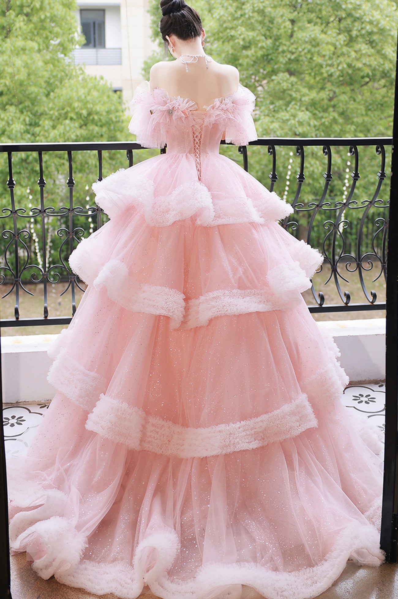 Pink Tulle Long A-Line Prom Gown, Off the Shoulder Sweet 16 Dress
