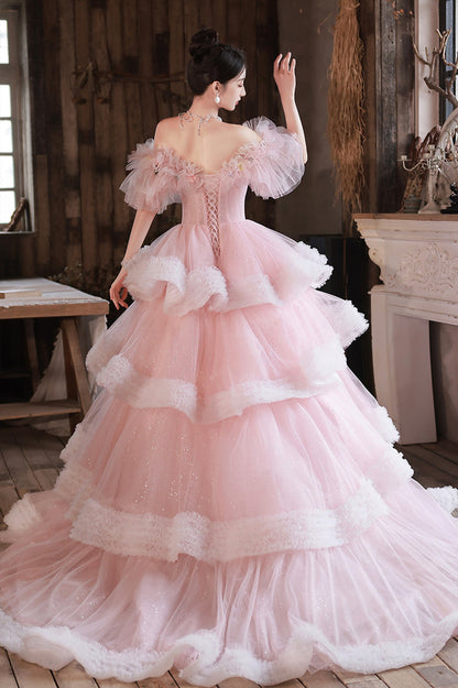 Pink Tulle Long A-Line Prom Gown, Off the Shoulder Sweet 16 Dress