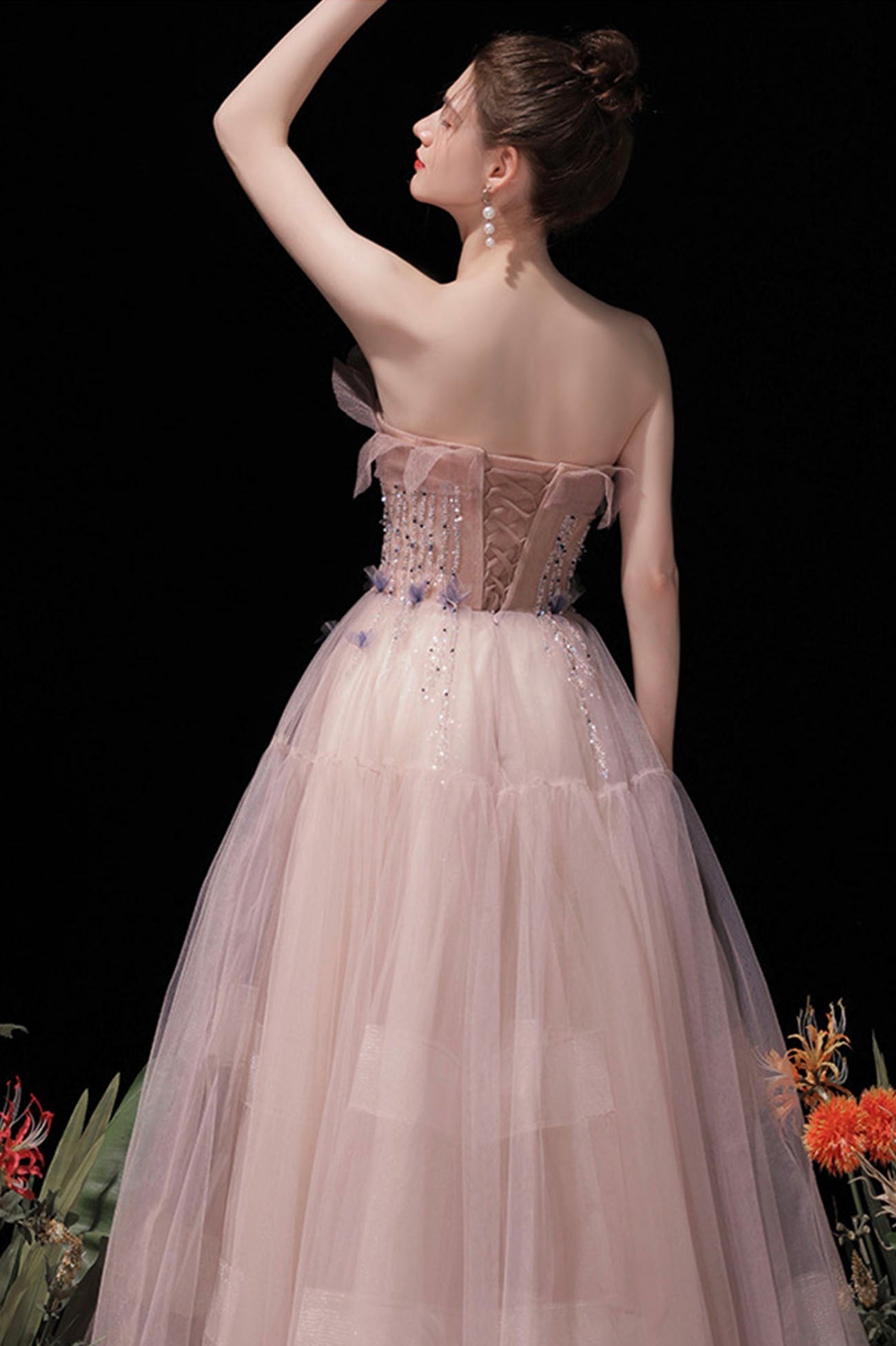 Pink Strapless Tulle Long Prom Dress with Beaded, Lovely Evening Party Dress