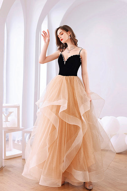 Stylish V-Neck Tulle Layers Long Formal Dress, Cute A-Line Prom Dress